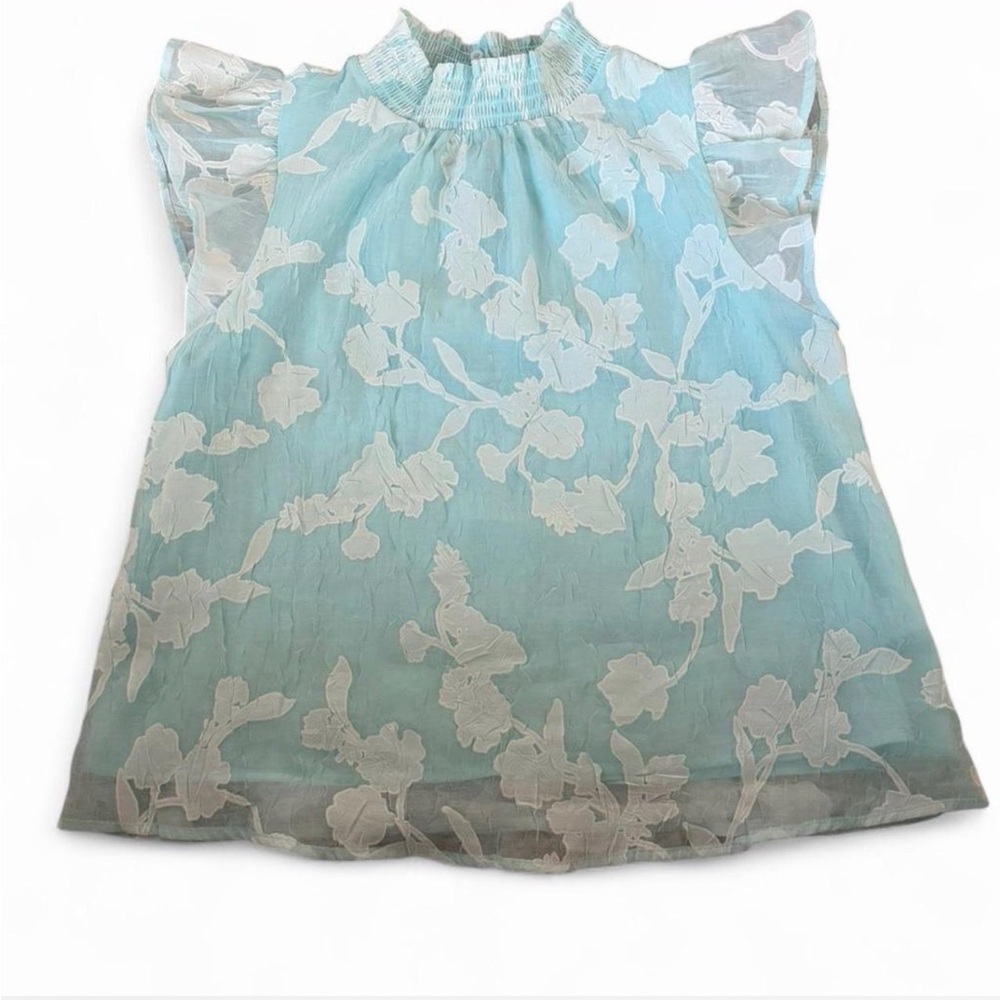 MELLODAY Light Blue Blouse with White Floral Overlay and Ruffle Sleeves